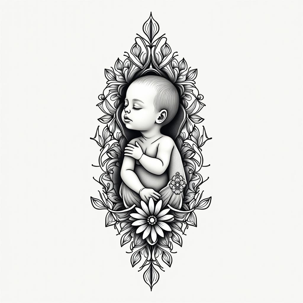 Delicate female tattoo for newborn with the name Lucca.in ornamental tattoo style, featuring intricate symmetrical patterns and floral designs, showcasing highly detailed line work and geometric shapes, creating a sense of elegance and balance