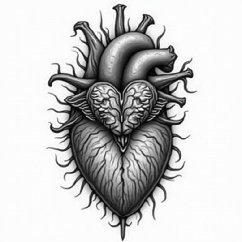 Time, heart, brain, travel, Sagittariusin portrait tattoo style, featuring a highly realistic and detailed depiction 