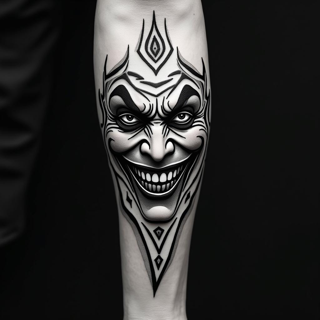 The Joker with a menacing smilein tribal tattoo style, featuring bold and black geometric shapes, curved lines, intertwine and flow seamlessly, creating a powerful and symbolic design, polynesian and maori styles - Variation 5