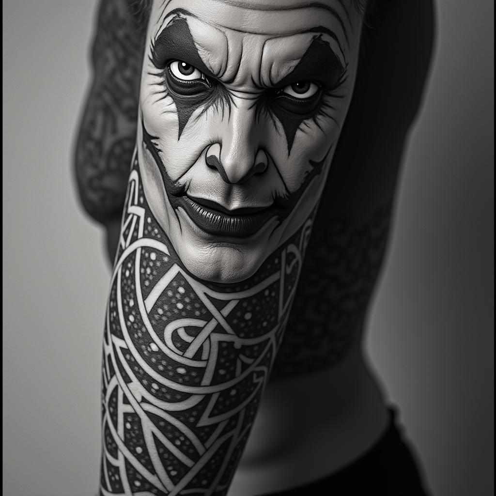 The Joker with a menacing smilein tribal tattoo style, featuring bold and black geometric shapes, curved lines, intertwine and flow seamlessly, creating a powerful and symbolic design, polynesian and maori styles - Variation 8