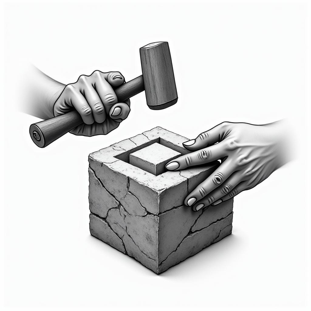 Design two hands, a hammer in one hand and a stonecutter's pencil in the other, carving raw stone. The stone should be rough but cube-shaped. A smooth, smooth cube of stone comes out of it and shines light around.higly detailed tattoo