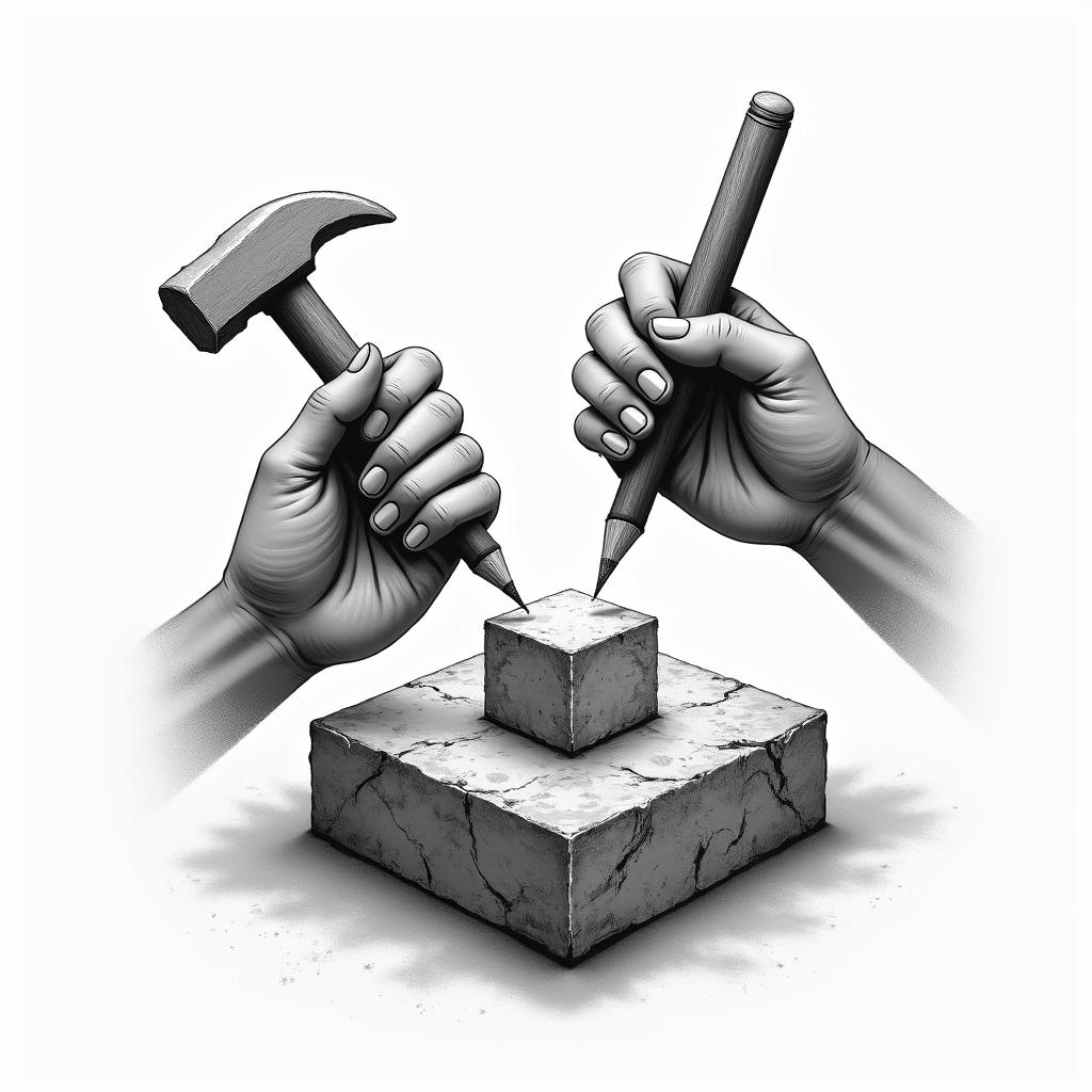 Design two hands, a hammer in one hand and a stonecutter's pencil in the other, carving raw stone. The stone should be rough but cube-shaped. A smooth, smooth cube of stone comes out of it and shines light around.higly detailed tattoo - Variation 3