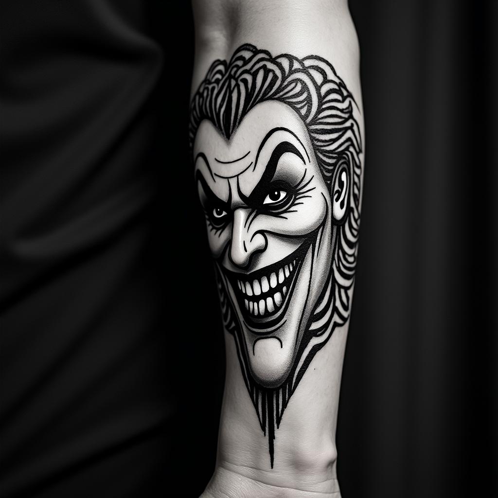 The Joker with a menacing smilein tribal tattoo style, featuring bold and black geometric shapes, curved lines, intertwine and flow seamlessly, creating a powerful and symbolic design, polynesian and maori styles - Variation 3