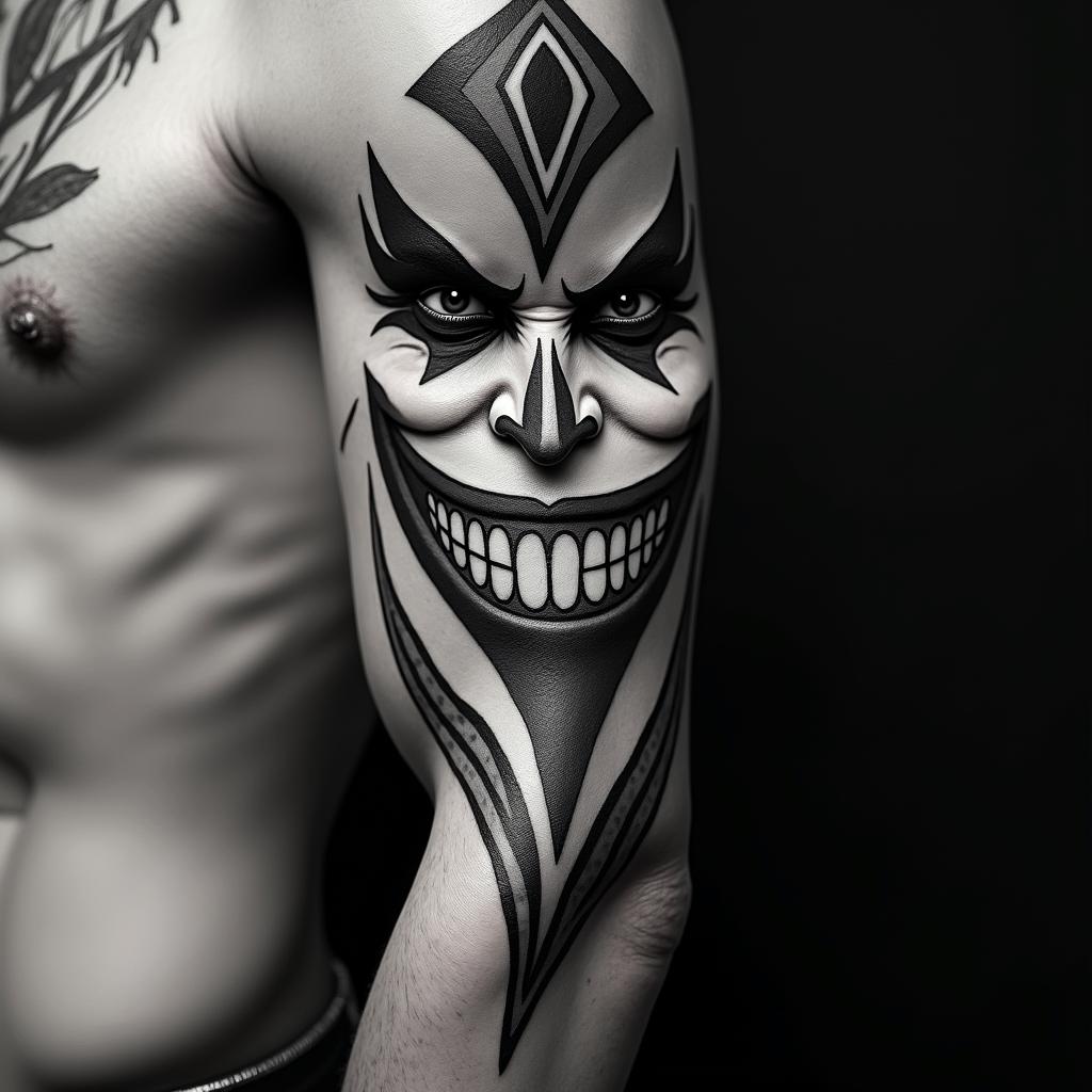 The Joker with a menacing smilein tribal tattoo style, featuring bold and black geometric shapes, curved lines, intertwine and flow seamlessly, creating a powerful and symbolic design, polynesian and maori styles - Variation 2