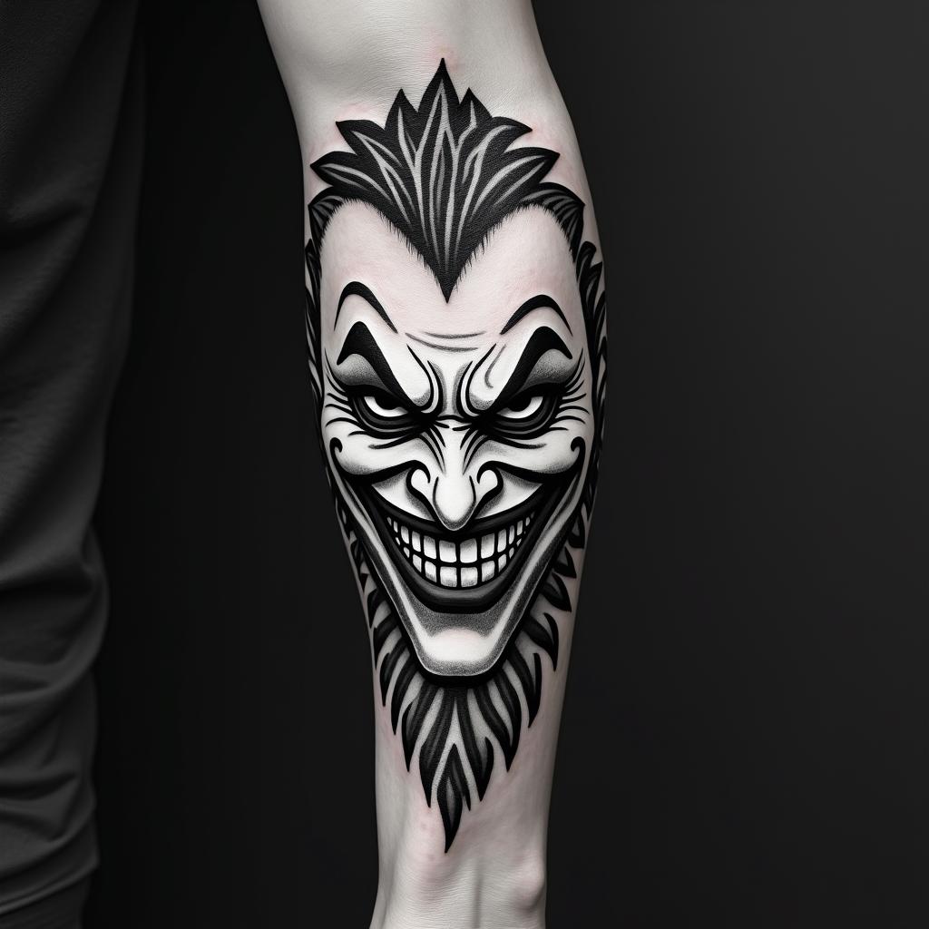The Joker with a menacing smilein tribal tattoo style, featuring bold and black geometric shapes, curved lines, intertwine and flow seamlessly, creating a powerful and symbolic design, polynesian and maori styles