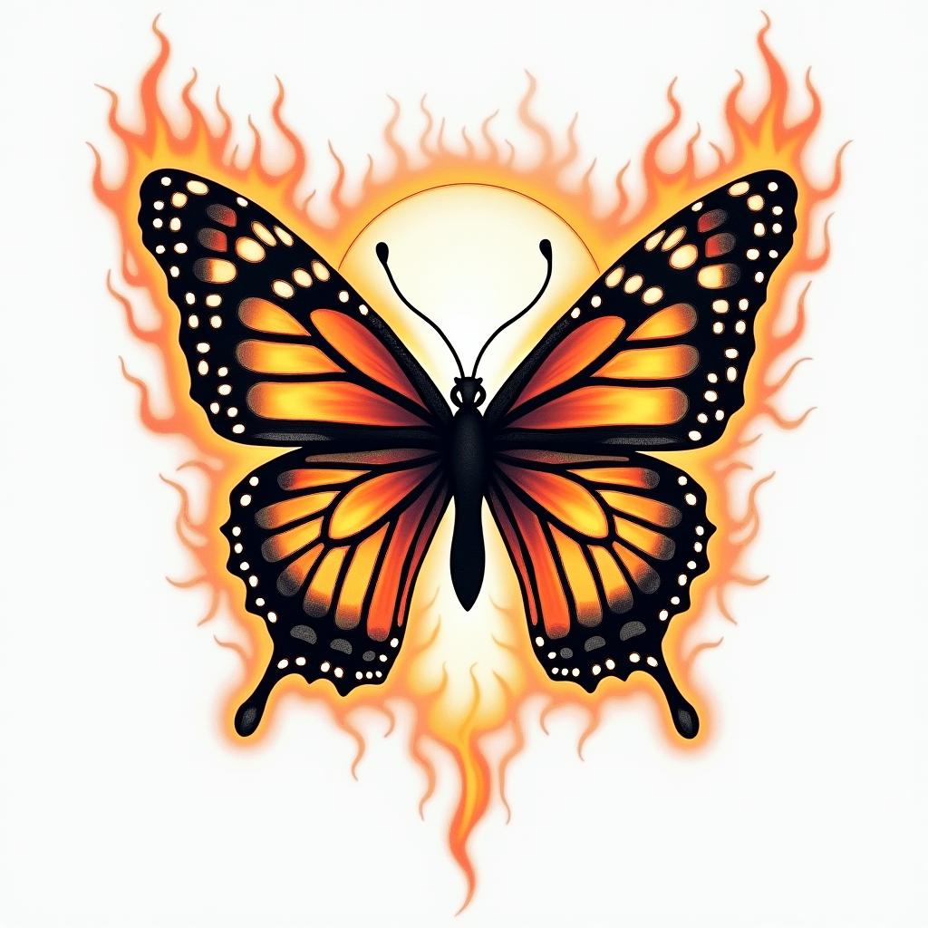 butterfly with half moon and flamesin flame tattoo style showcasing fiery elements with dynamic flame patterns, glowing effect of flames, natural colors