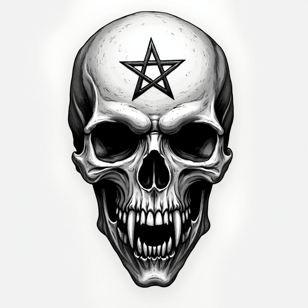 Marcus, Krebs, Italycreepy horror tattoo style, featuring an eerie and unsettling skull of a demonic creature, distorted face with sharp fangs, add pentagram symbol - Variation 4