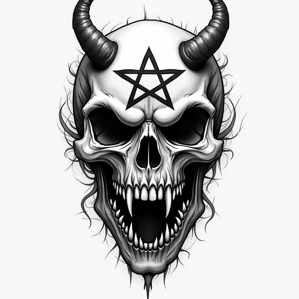 Marcus, Krebs, Italycreepy horror tattoo style, featuring an eerie and unsettling skull of a demonic creature, distorted face with sharp fangs, add pentagram symbol - Variation 3