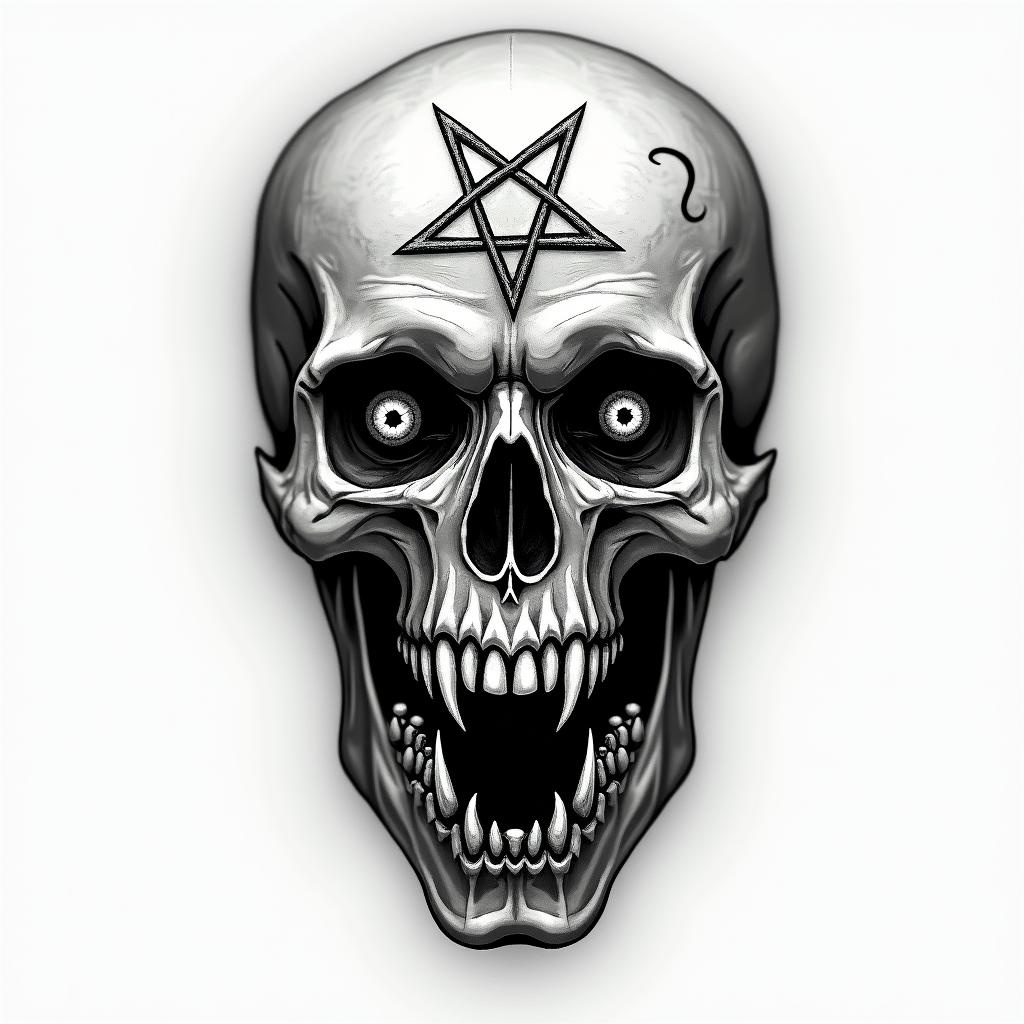 Marcus, Krebs, Italycreepy horror tattoo style, featuring an eerie and unsettling skull of a demonic creature, distorted face with sharp fangs, add pentagram symbol - Variation 2