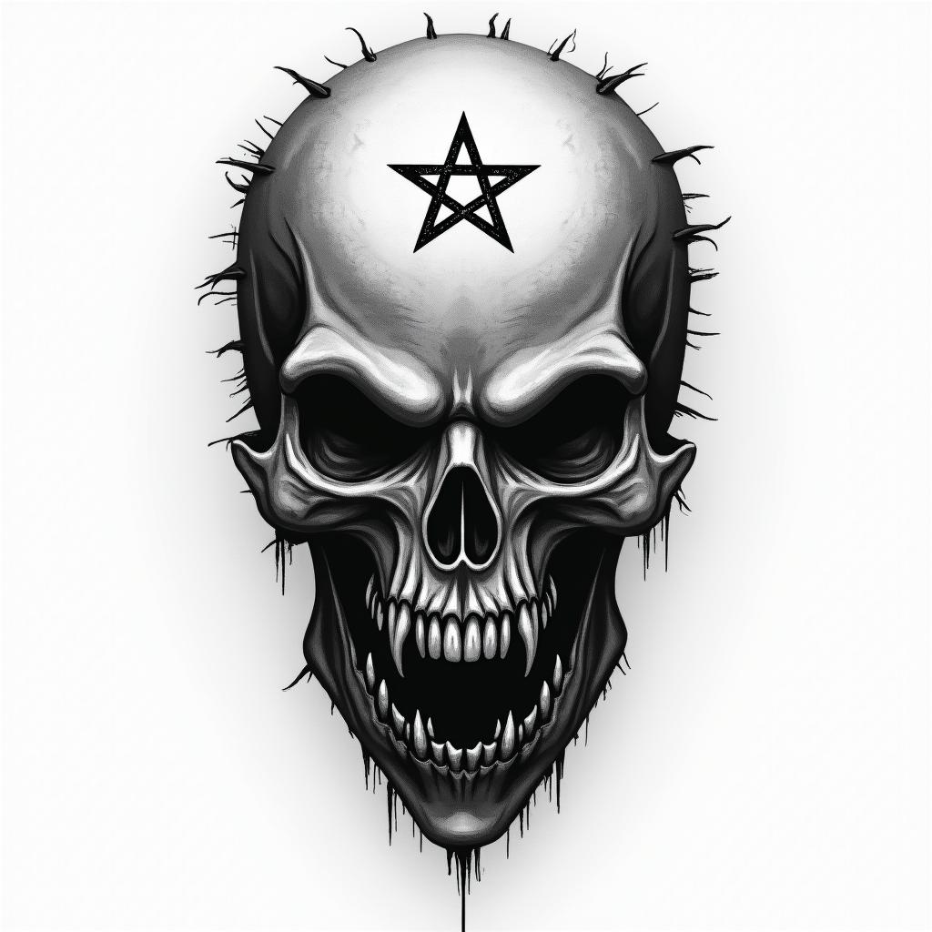 Marcus, Krebs, Italycreepy horror tattoo style, featuring an eerie and unsettling skull of a demonic creature, distorted face with sharp fangs, add pentagram symbol