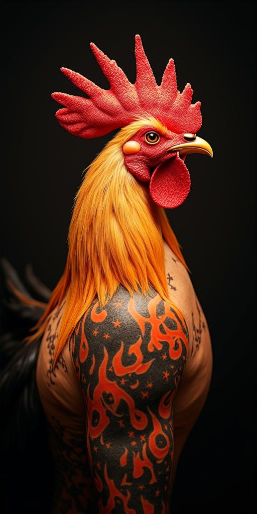A proud rooster with a hint of gemini in flame tattoo style showcasing fiery elements with dynamic flame patterns, glowing effect of flames, natural colors