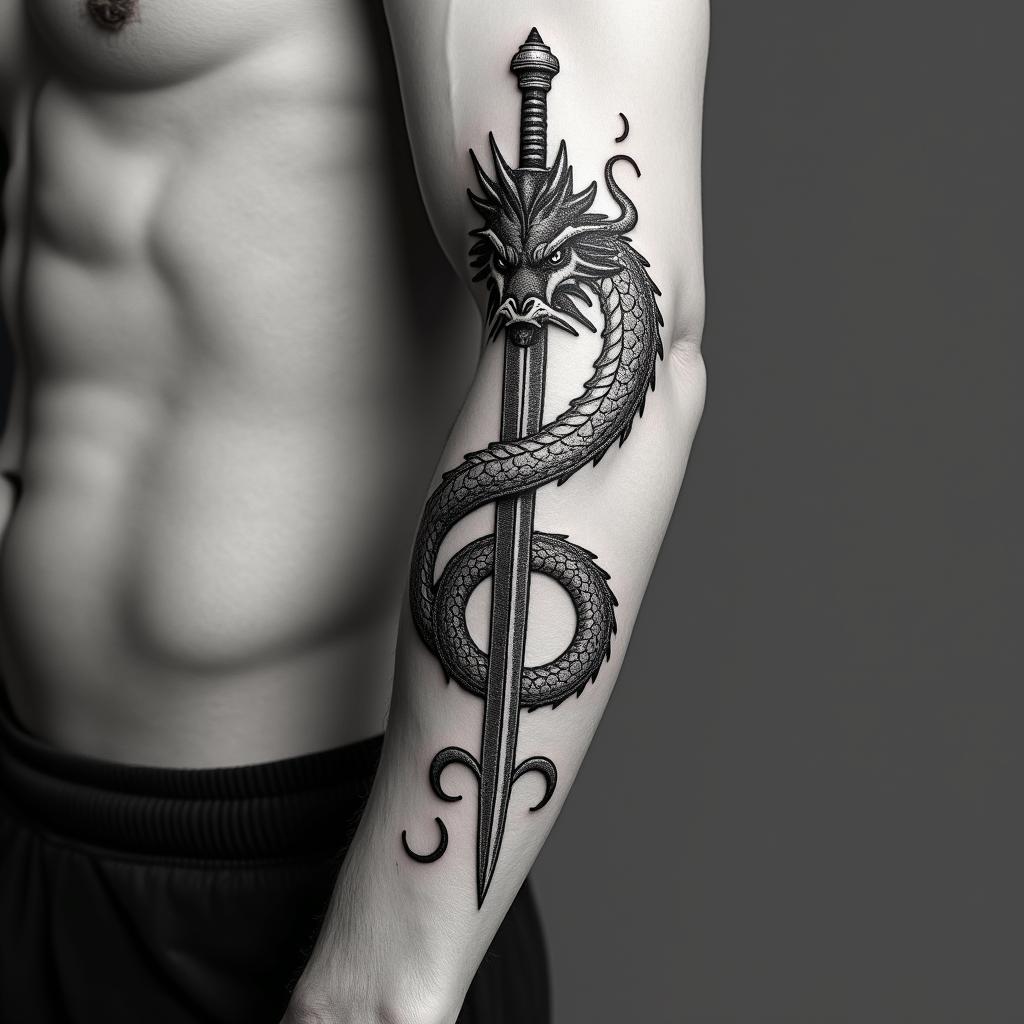 Majestic dragon coiled around a swordin 8-bit tattoo style, minimalistic pixel style tattoo, pixel art with simplified shapes and retro gaming visuals, inspired by 8-bit pixel based detailing - Variation 5