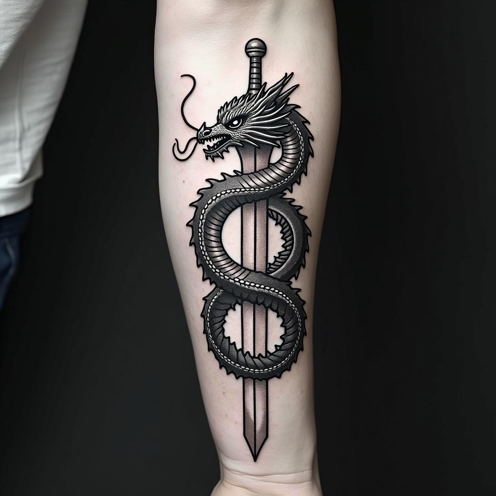 Majestic dragon coiled around a swordin 8-bit tattoo style, minimalistic pixel style tattoo, pixel art with simplified shapes and retro gaming visuals, inspired by 8-bit pixel based detailing