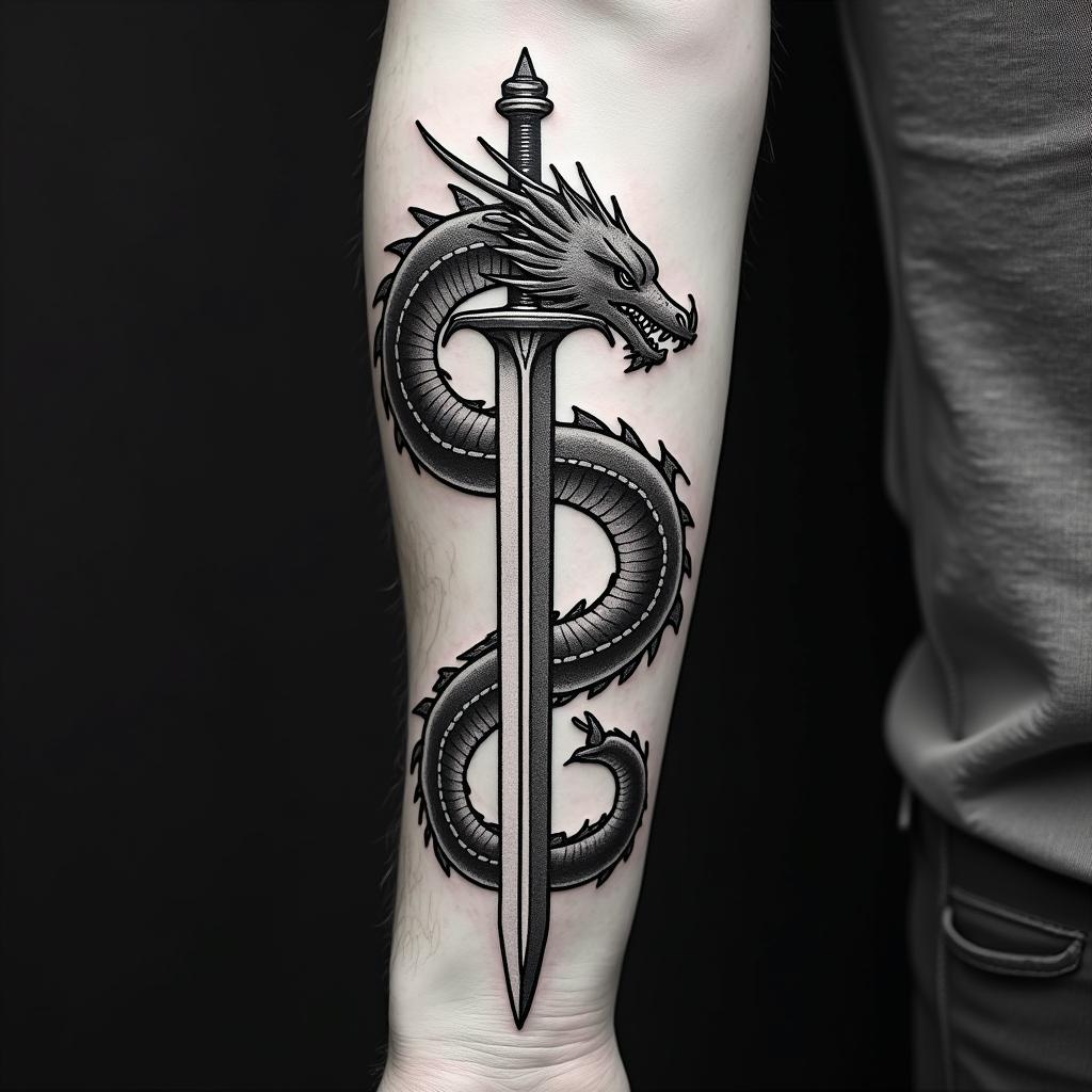 Majestic dragon coiled around a swordin 8-bit tattoo style, minimalistic pixel style tattoo, pixel art with simplified shapes and retro gaming visuals, inspired by 8-bit pixel based detailing - Variation 6