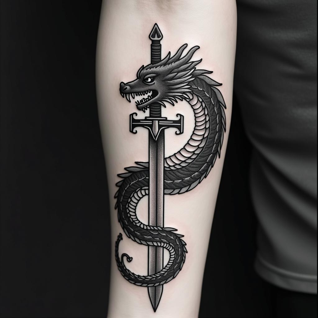 Majestic dragon coiled around a swordin 8-bit tattoo style, minimalistic pixel style tattoo, pixel art with simplified shapes and retro gaming visuals, inspired by 8-bit pixel based detailing - Variation 3