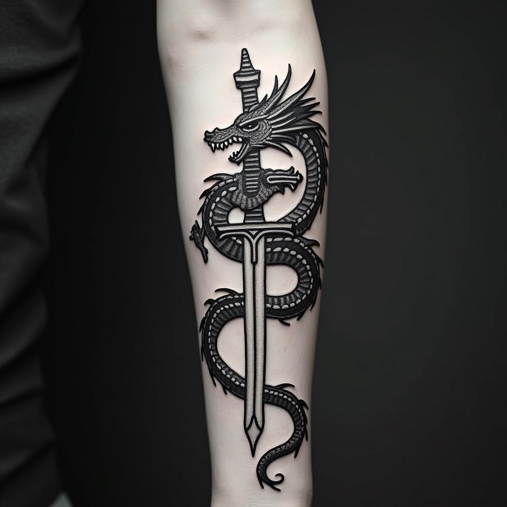 Majestic dragon coiled around a swordin 8-bit tattoo style, minimalistic pixel style tattoo, pixel art with simplified shapes and retro gaming visuals, inspired by 8-bit pixel based detailing - Variation 2