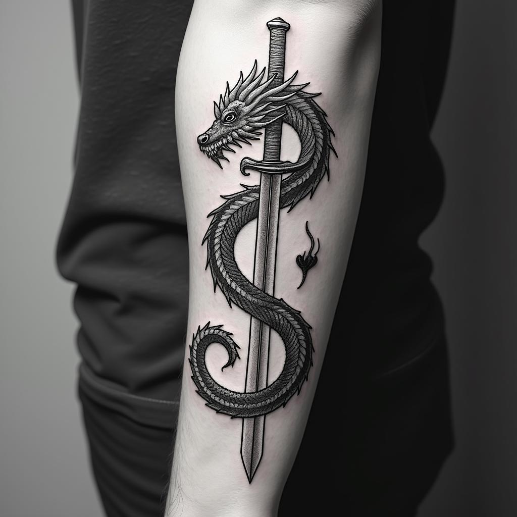 Majestic dragon coiled around a swordin 8-bit tattoo style, minimalistic pixel style tattoo, pixel art with simplified shapes and retro gaming visuals, inspired by 8-bit pixel based detailing - Variation 7