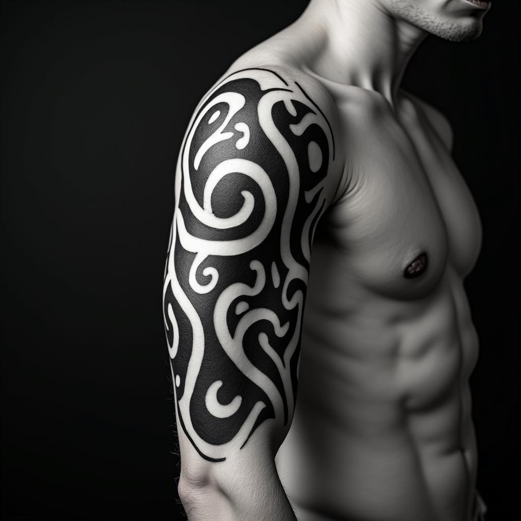 Ornamentin tribal tattoo style, featuring bold and black geometric shapes, curved lines, intertwine and flow seamlessly, creating a powerful and symbolic design, polynesian and maori styles - Variation 4