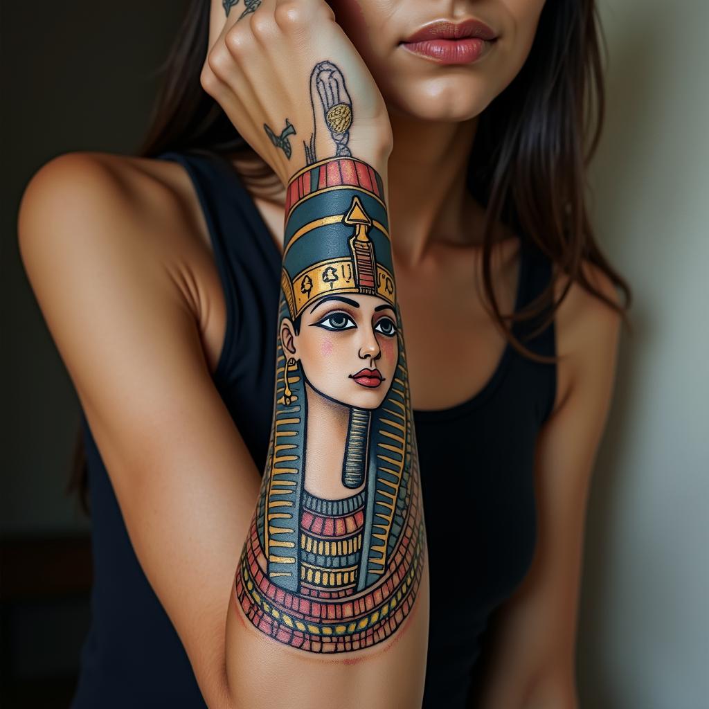 Inspirational, sentimental,in egyptian style tattoo, bold elements of ancient egyptian culture including a portrait of an Egyptian pharaoh with detailed facial features, in hieroglyphs and symbolic imagery, eye of horus, ankh symbol, scarab beetle - Variation 2
