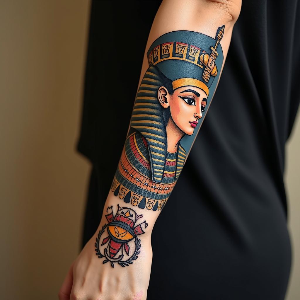 Inspirational, sentimental,in egyptian style tattoo, bold elements of ancient egyptian culture including a portrait of an Egyptian pharaoh with detailed facial features, in hieroglyphs and symbolic imagery, eye of horus, ankh symbol, scarab beetle