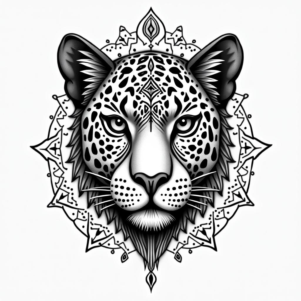 leopard face tattoo with mandela designs all
around itin spiritual symbols tattoo style, featuring an intricate design incorporating elements, Hamsa hand, third eye, minimalist composition - Variation 2