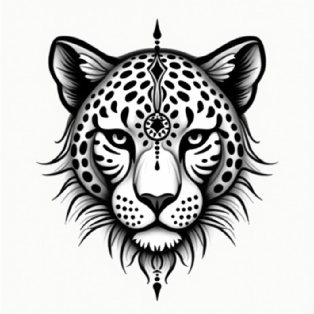 leopard face tattoo with mandela designs all
around itin spiritual symbols tattoo style, featuring an intricate design incorporating elements, Hamsa hand, third eye, minimalist composition - Variation 4
