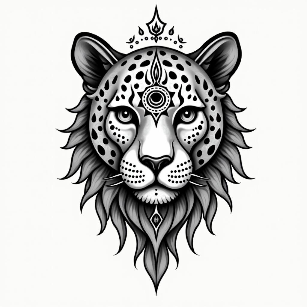 leopard face tattoo with mandela designs all
around itin spiritual symbols tattoo style, featuring an intricate design incorporating elements, Hamsa hand, third eye, minimalist composition