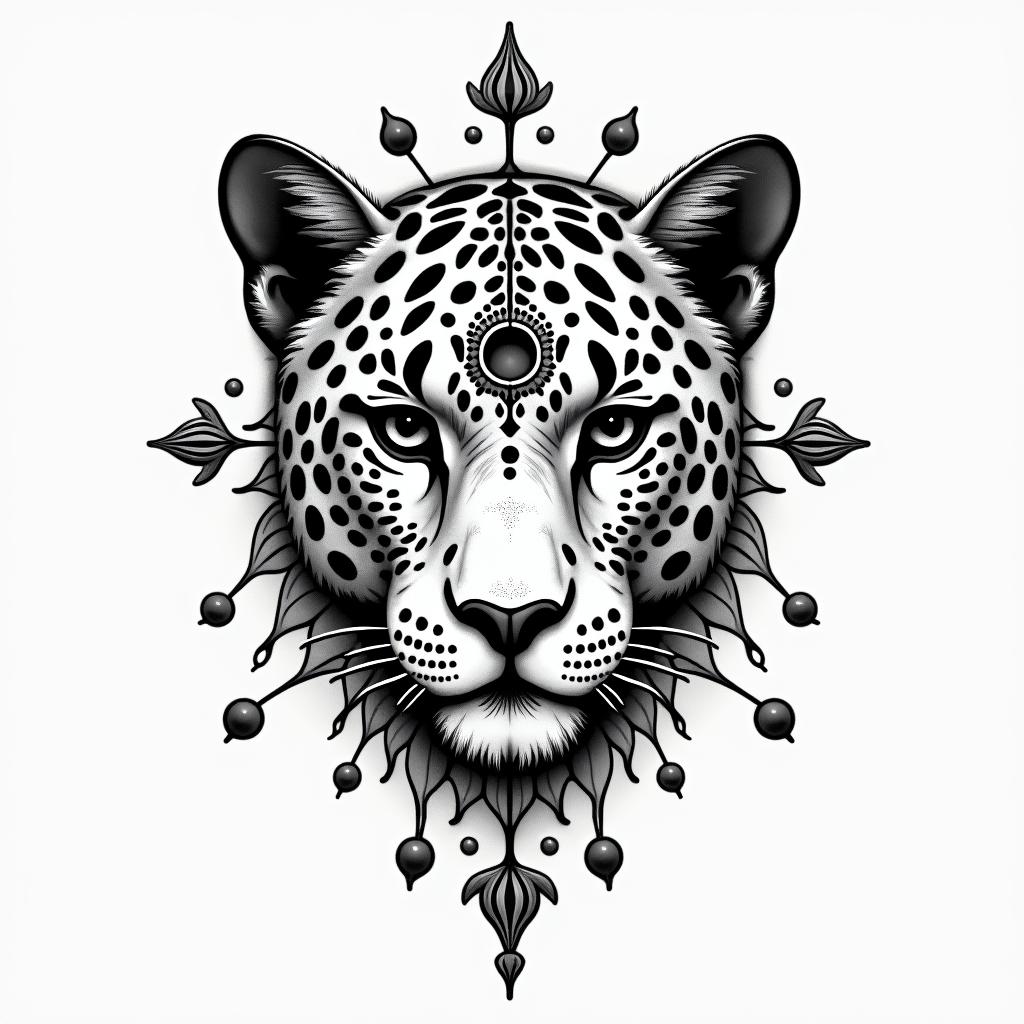 leopard face tattoo with mandela designs all
around itin spiritual symbols tattoo style, featuring an intricate design incorporating elements, Hamsa hand, third eye, minimalist composition - Variation 3