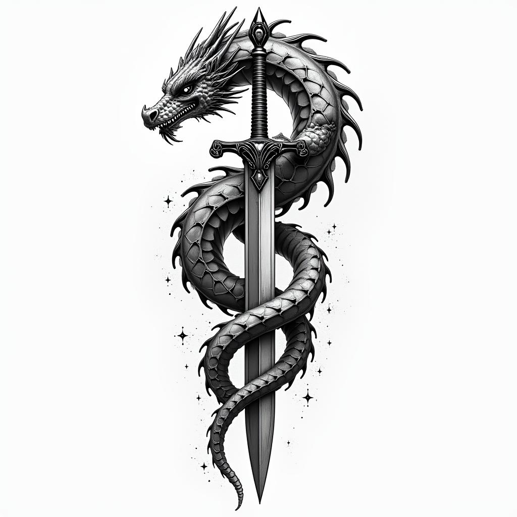 Majestic dragon coiled around a swordtattoo in biomechanic style, the tattoo covered by robotic elements of futuristic cyberpunk design, robotic features detail, showcasing intricate mechanical components