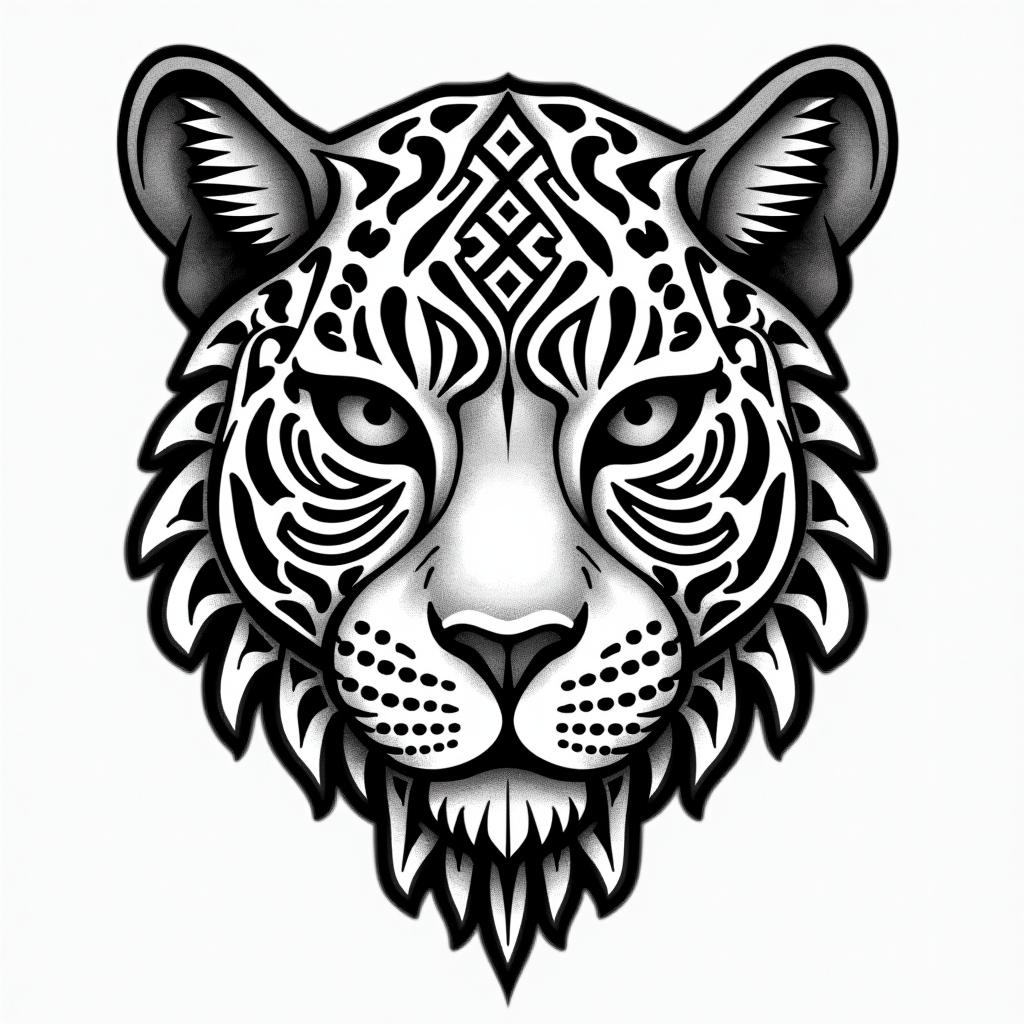 leopard face tattoo with mandela designs all
around itin tribal tattoo style, featuring bold and black geometric shapes, curved lines, intertwine and flow seamlessly, creating a powerful and symbolic design, polynesian and maori styles - Variation 4