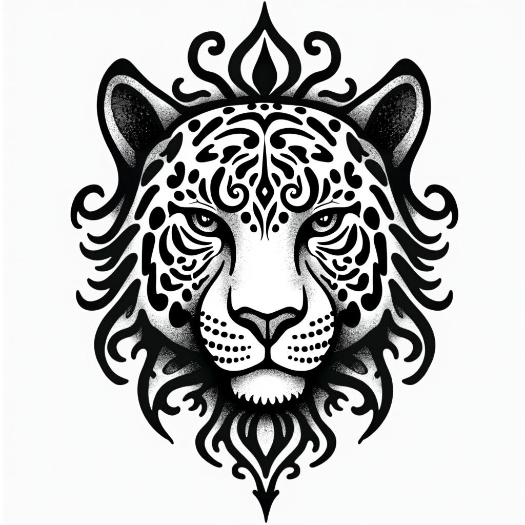 leopard face tattoo with mandela designs all
around itin tribal tattoo style, featuring bold and black geometric shapes, curved lines, intertwine and flow seamlessly, creating a powerful and symbolic design, polynesian and maori styles - Variation 3
