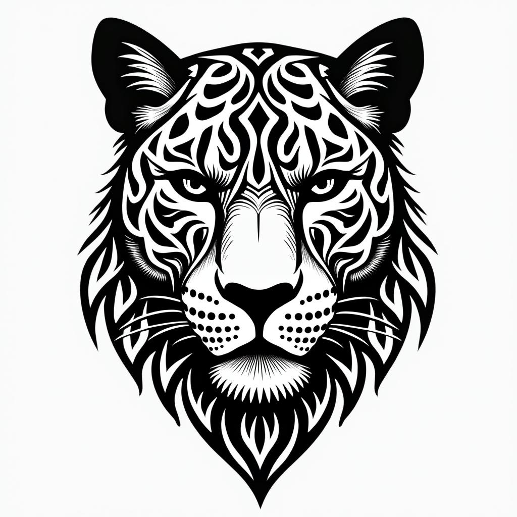 leopard face tattoo with mandela designs all
around itin tribal tattoo style, featuring bold and black geometric shapes, curved lines, intertwine and flow seamlessly, creating a powerful and symbolic design, polynesian and maori styles - Variation 2