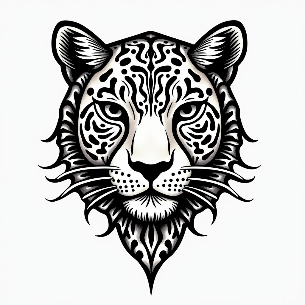 leopard face tattoo with mandela designs all
around itin tribal tattoo style, featuring bold and black geometric shapes, curved lines, intertwine and flow seamlessly, creating a powerful and symbolic design, polynesian and maori styles - Variation 1