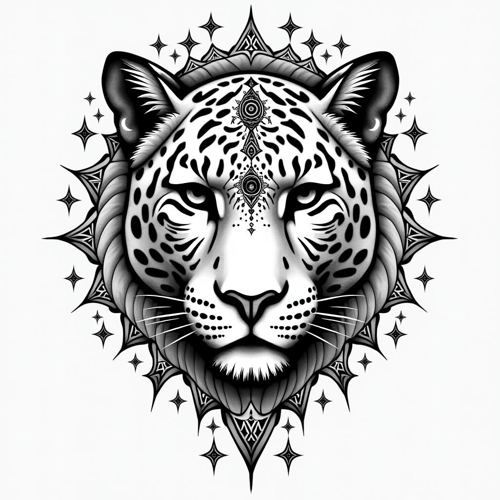 leopard face tattoo with mandela designs all
around itin prophecy tattoo style, featuring mystical symbols, celestial imagery like stars, moons, suns, geometric patterns, foretelling elements, an eye of wisdom