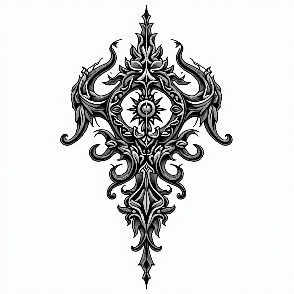 Runes Vikingsin ornamental tattoo style, featuring intricate symmetrical patterns and floral designs, showcasing highly detailed line work and geometric shapes, creating a sense of elegance and balance