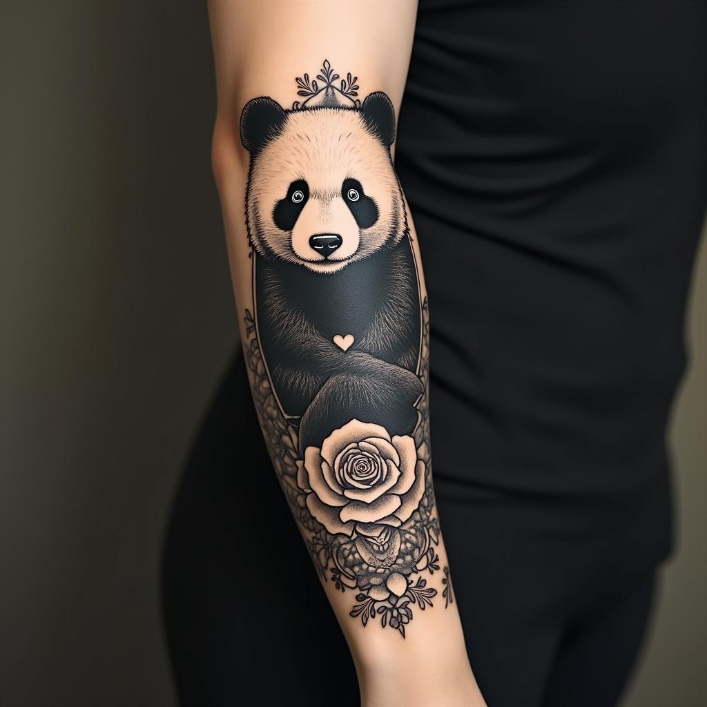 Bear pandain victorian style tattoo, featuring vintage and elegant elements, ornate frames, roses, antique, sepia-toned color scheme