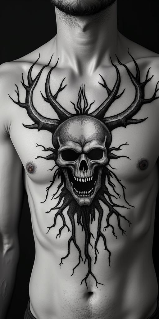 Tree of life with roots and branchescreepy horror tattoo style, featuring an eerie and unsettling skull of a demonic creature, distorted face with sharp fangs, add pentagram symbol - Variation 5