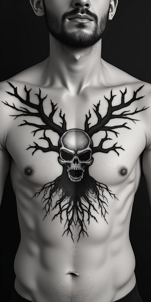 Tree of life with roots and branchescreepy horror tattoo style, featuring an eerie and unsettling skull of a demonic creature, distorted face with sharp fangs, add pentagram symbol - Variation 8