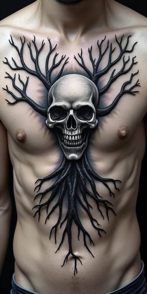 Tree of life with roots and branchescreepy horror tattoo style, featuring an eerie and unsettling skull of a demonic creature, distorted face with sharp fangs, add pentagram symbol - Variation 6
