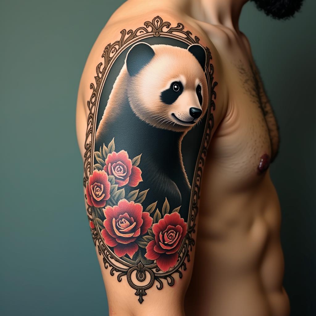 Bear pandain victorian style tattoo, featuring vintage and elegant elements, ornate frames, roses, antique, sepia-toned color scheme - Variation 6