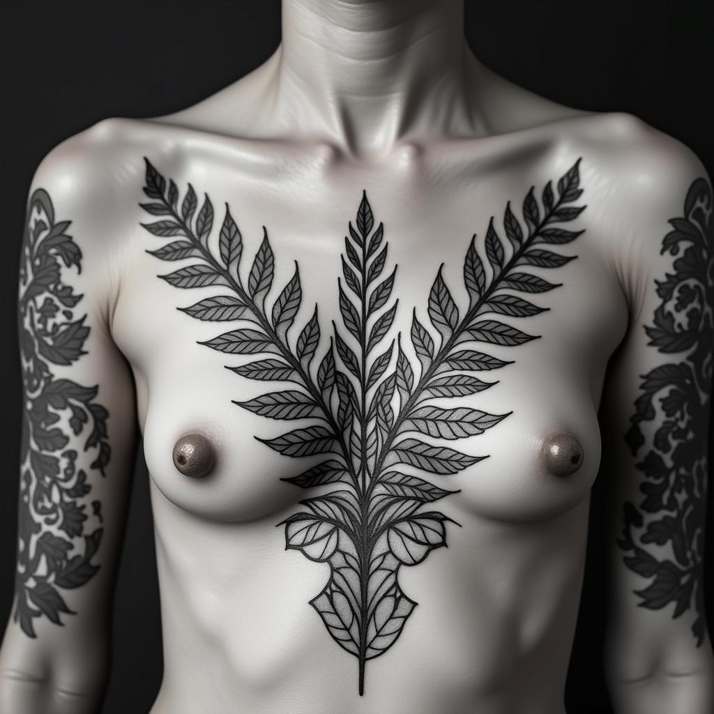 Ferns and mandela flowersin ornamental tattoo style, featuring intricate symmetrical patterns and floral designs, showcasing highly detailed line work and geometric shapes, creating a sense of elegance and balance