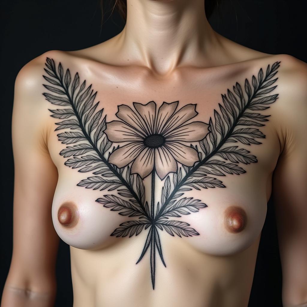 Ferns and mandela flowersin ornamental tattoo style, featuring intricate symmetrical patterns and floral designs, showcasing highly detailed line work and geometric shapes, creating a sense of elegance and balance - Variation 2