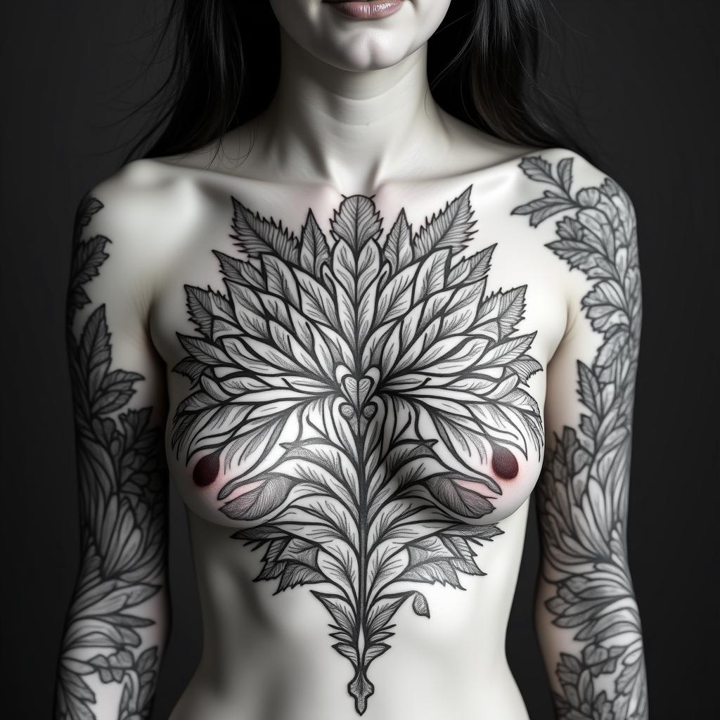 Ferns and mandela flowersin ornamental tattoo style, featuring intricate symmetrical patterns and floral designs, showcasing highly detailed line work and geometric shapes, creating a sense of elegance and balance - Variation 4