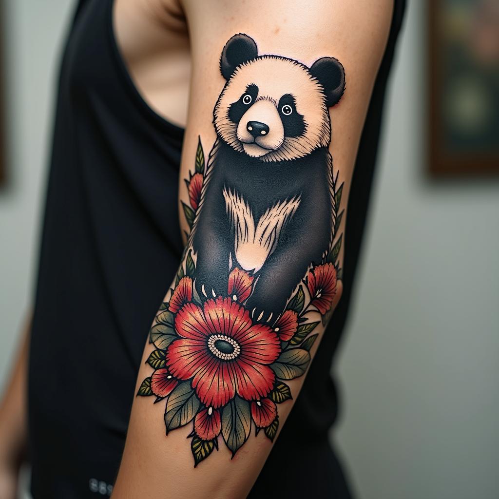 Bear pandain ornamental tattoo style, featuring intricate symmetrical patterns and floral designs, showcasing highly detailed line work and geometric shapes, creating a sense of elegance and balance - Variation 4