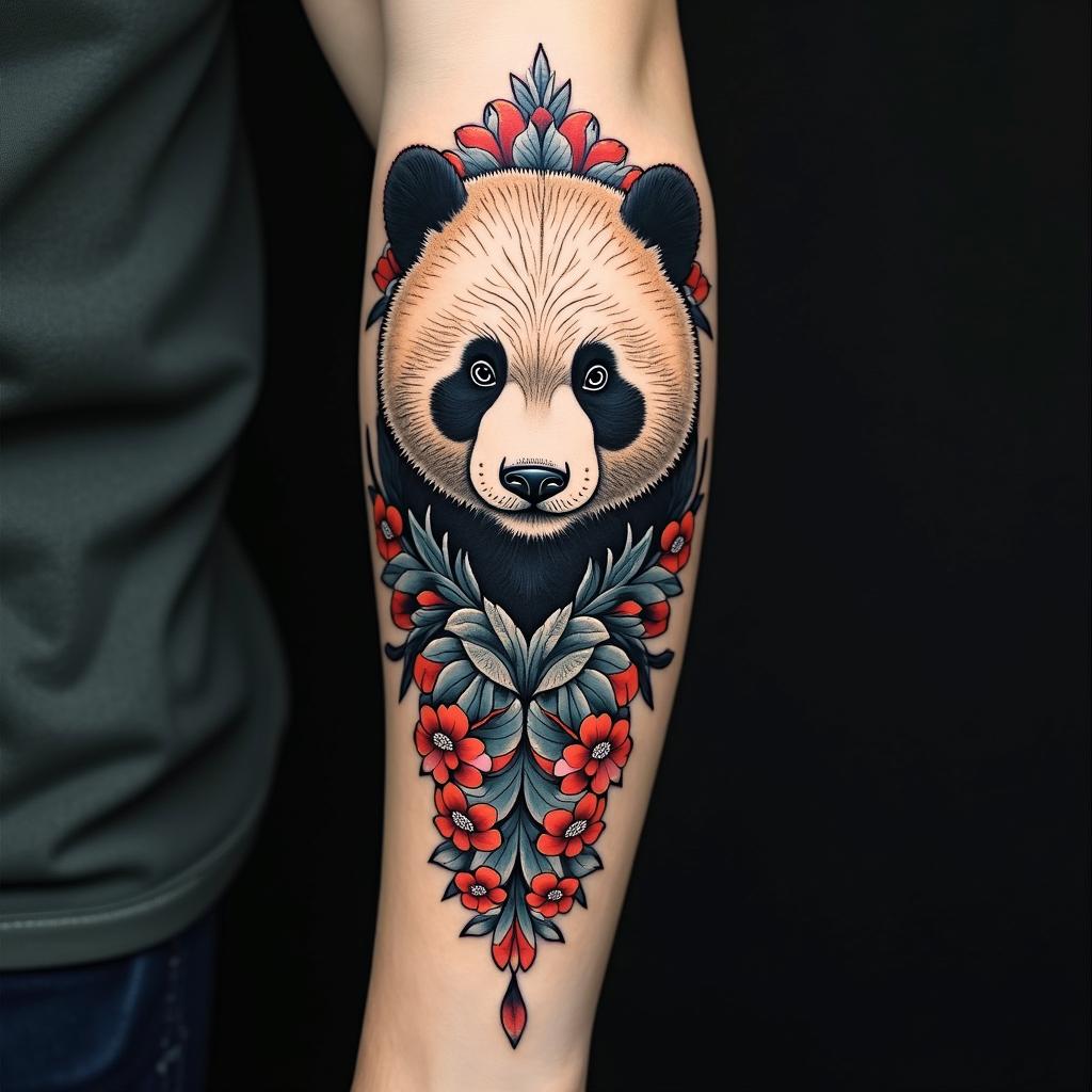 Bear pandain ornamental tattoo style, featuring intricate symmetrical patterns and floral designs, showcasing highly detailed line work and geometric shapes, creating a sense of elegance and balance
