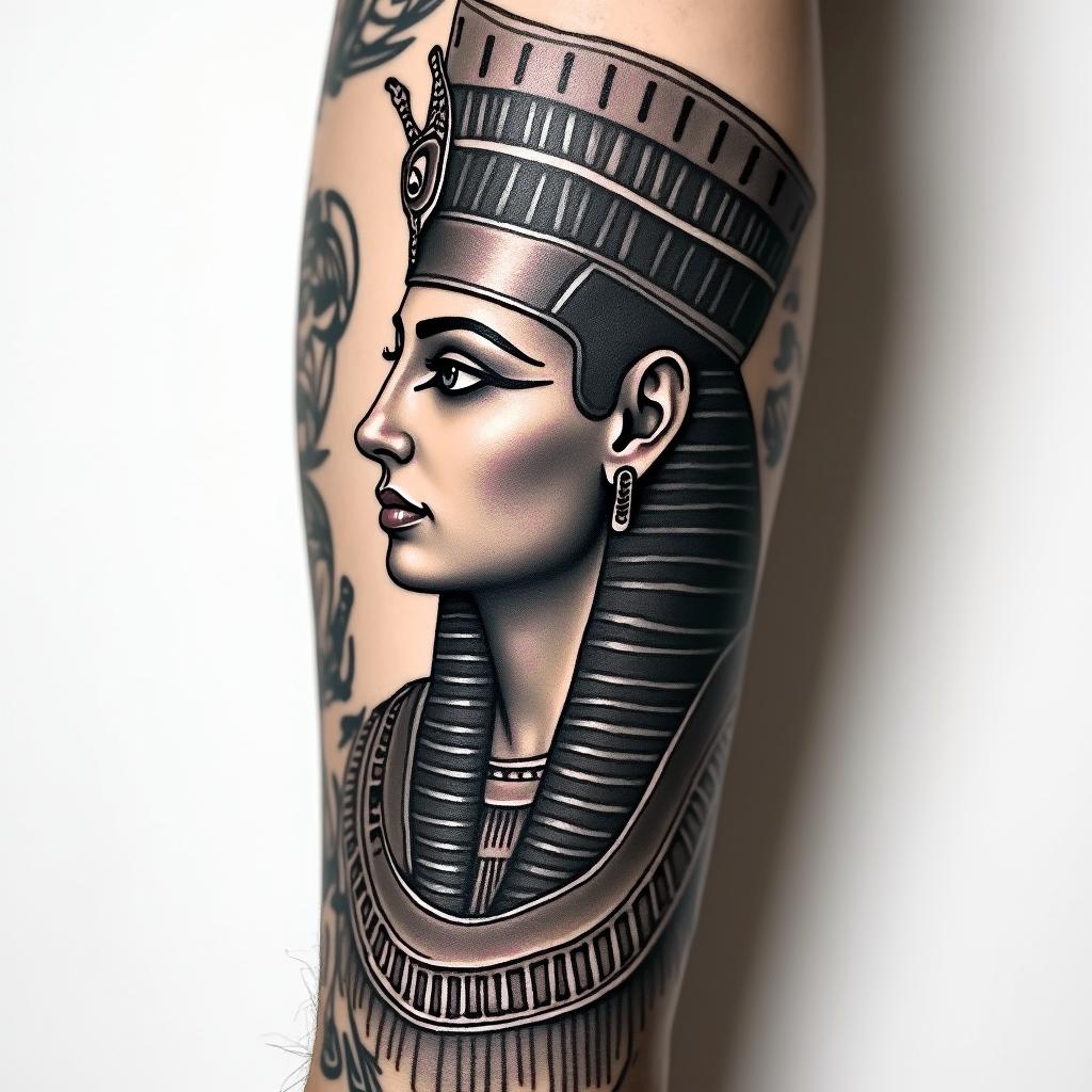 Pfingstrose armin egyptian style tattoo, bold elements of ancient egyptian culture including a portrait of an Egyptian pharaoh with detailed facial features, in hieroglyphs and symbolic imagery, eye of horus, ankh symbol, scarab beetle