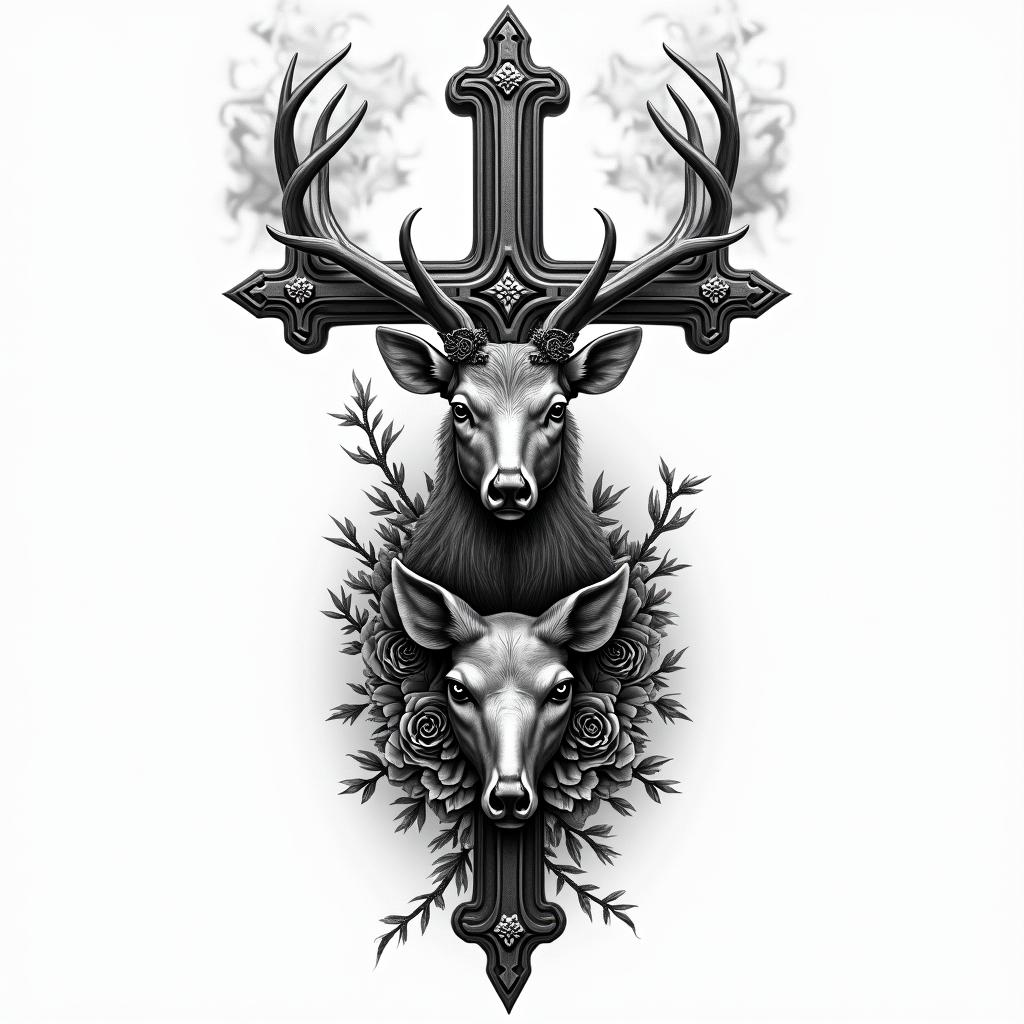 A cartridge releasing smoke that transforms into a deer, a wild boar, a roe deer, a fox, and a mallard duck.in chicano style tattoo, featuring intricate black and grey shading, bold elements of traditional chicano culture symbols, add a big cross with skull, chains and roses - Variation 3
