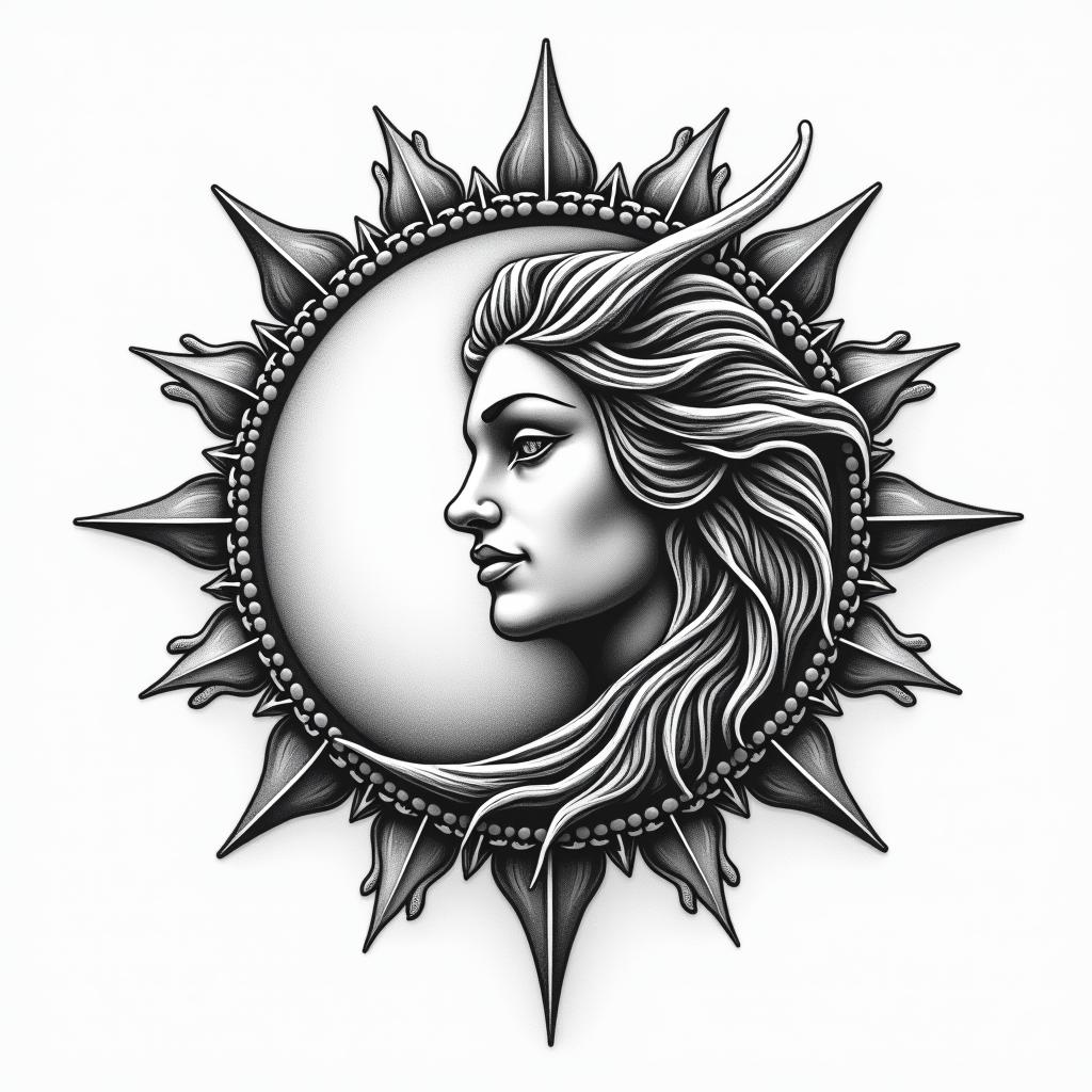 Capricorn sun and moonhigly detailed tattoo - Variation 4