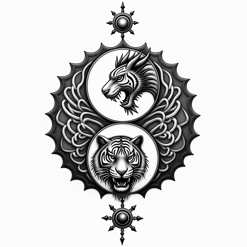 Yin yang with dragon and tigerin spiritual symbols tattoo style, featuring an intricate design incorporating elements, Hamsa hand, third eye, minimalist composition