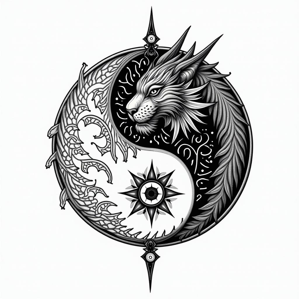 Yin yang with dragon and tigerin spiritual symbols tattoo style, featuring an intricate design incorporating elements, Hamsa hand, third eye, minimalist composition - Variation 4